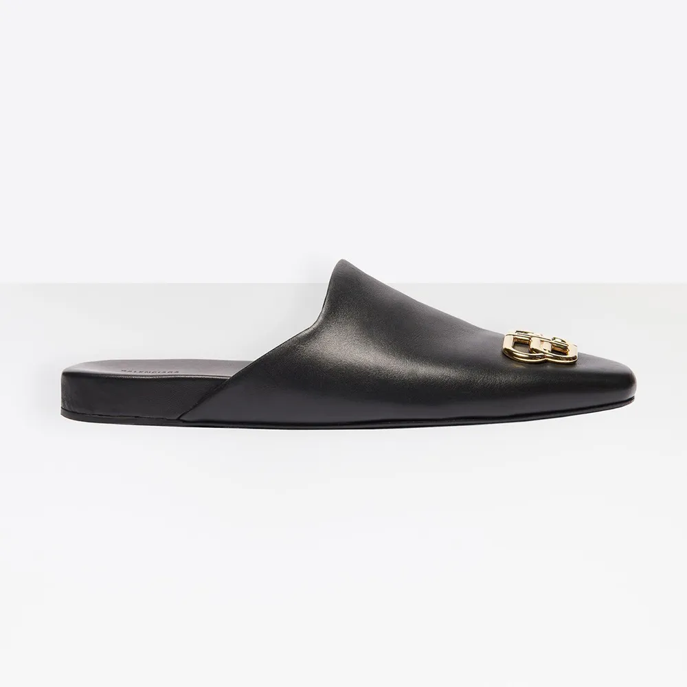 Balenciaga Sandalias Cozy BB para mujer en piel de becerro lisa negra con herrajes en oro envejecido