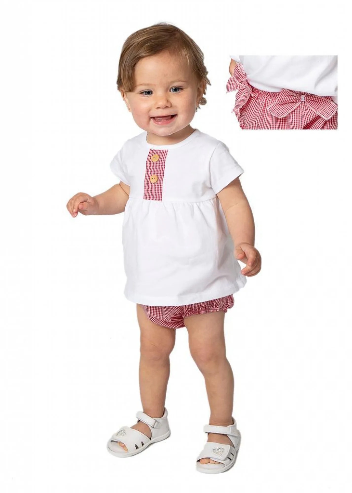 Conjunto para niña. Camiseta blanca y braga vichy rojo.