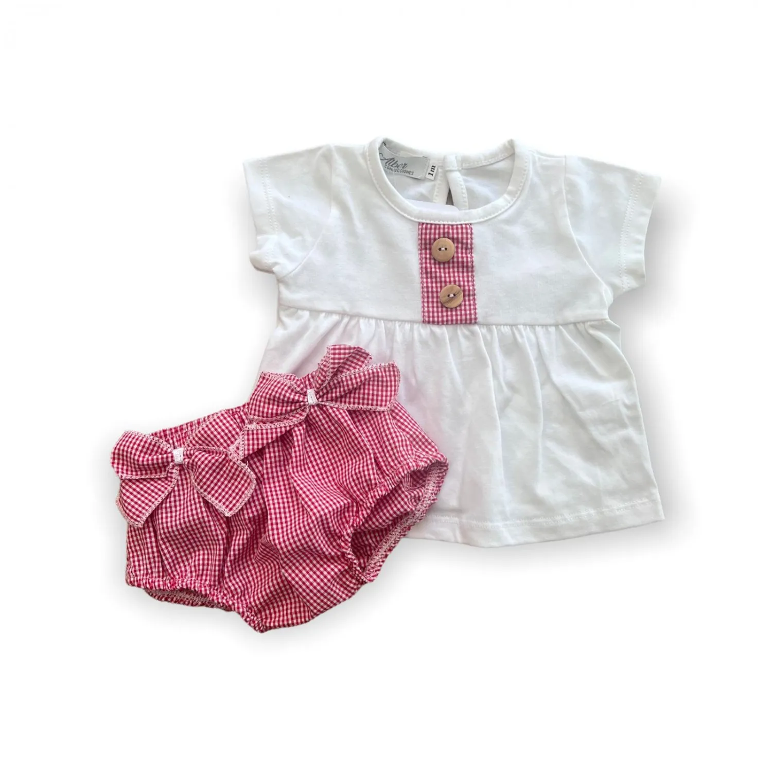 Conjunto para niña. Camiseta blanca y braga vichy rojo.