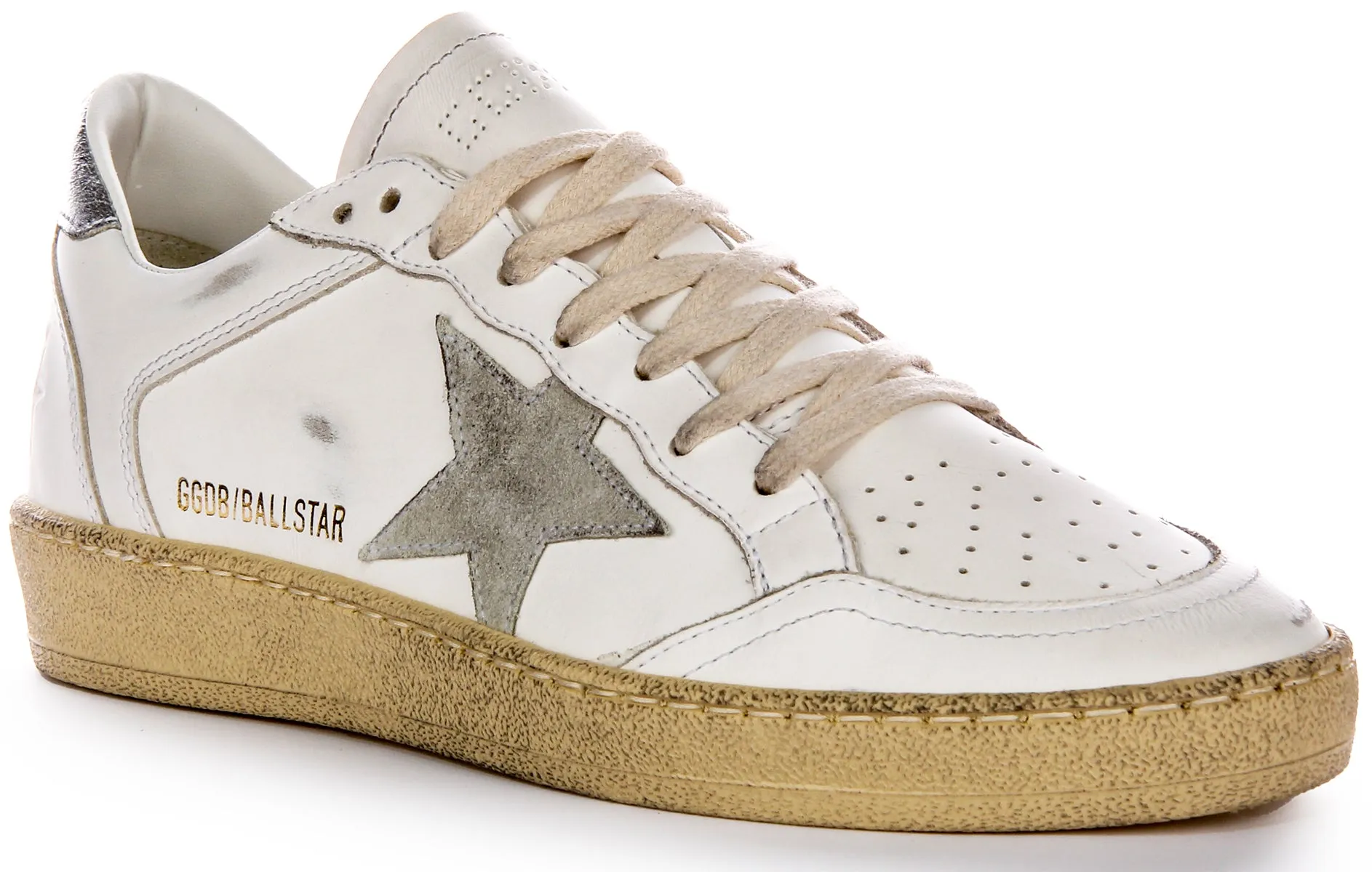 Golden Goose Ball Star Zapatillas de cuero para mujer con doble orificio de aire y tacón plateado en blanco y gris
