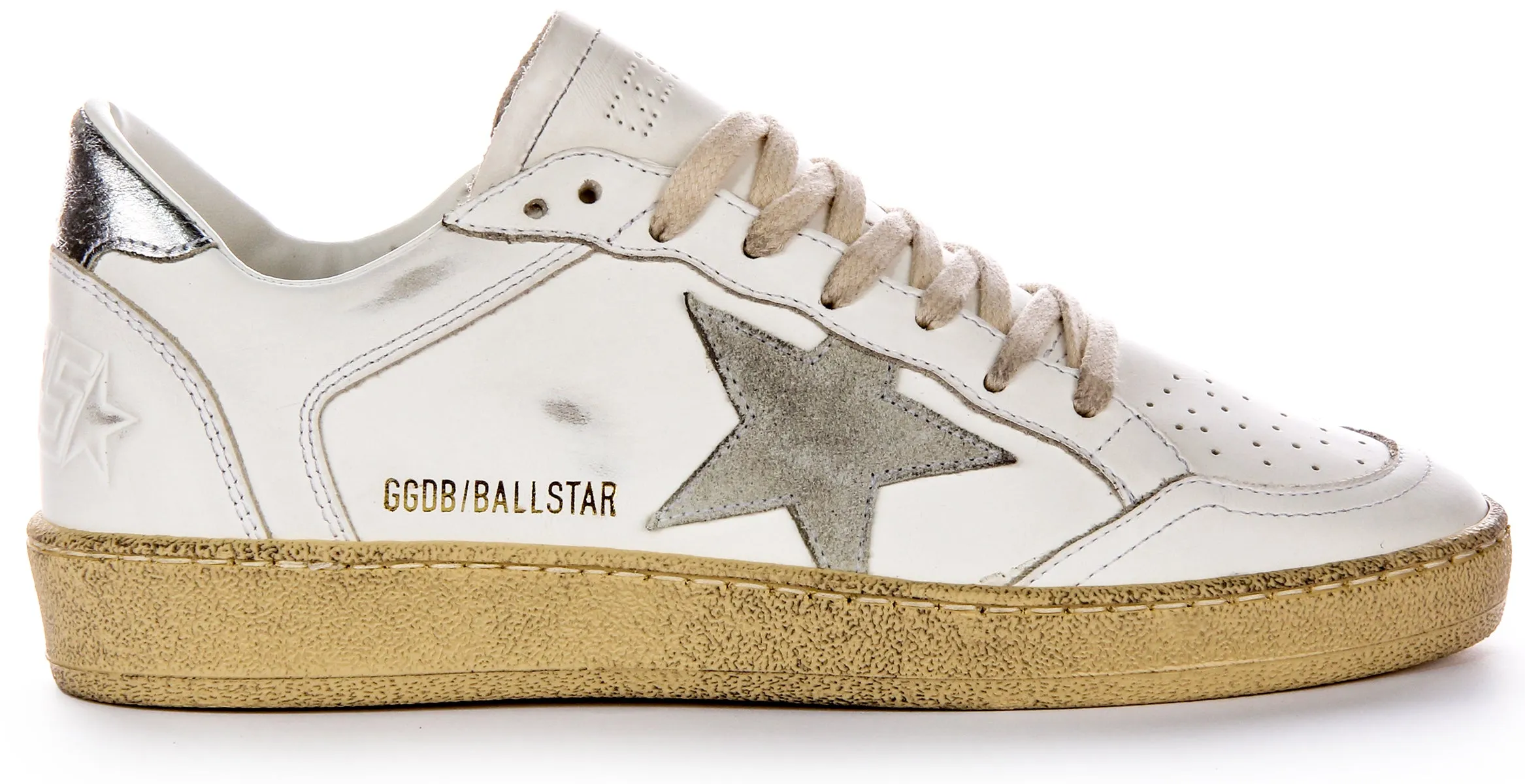 Golden Goose Ball Star Zapatillas de cuero para mujer con doble orificio de aire y tacón plateado en blanco y gris