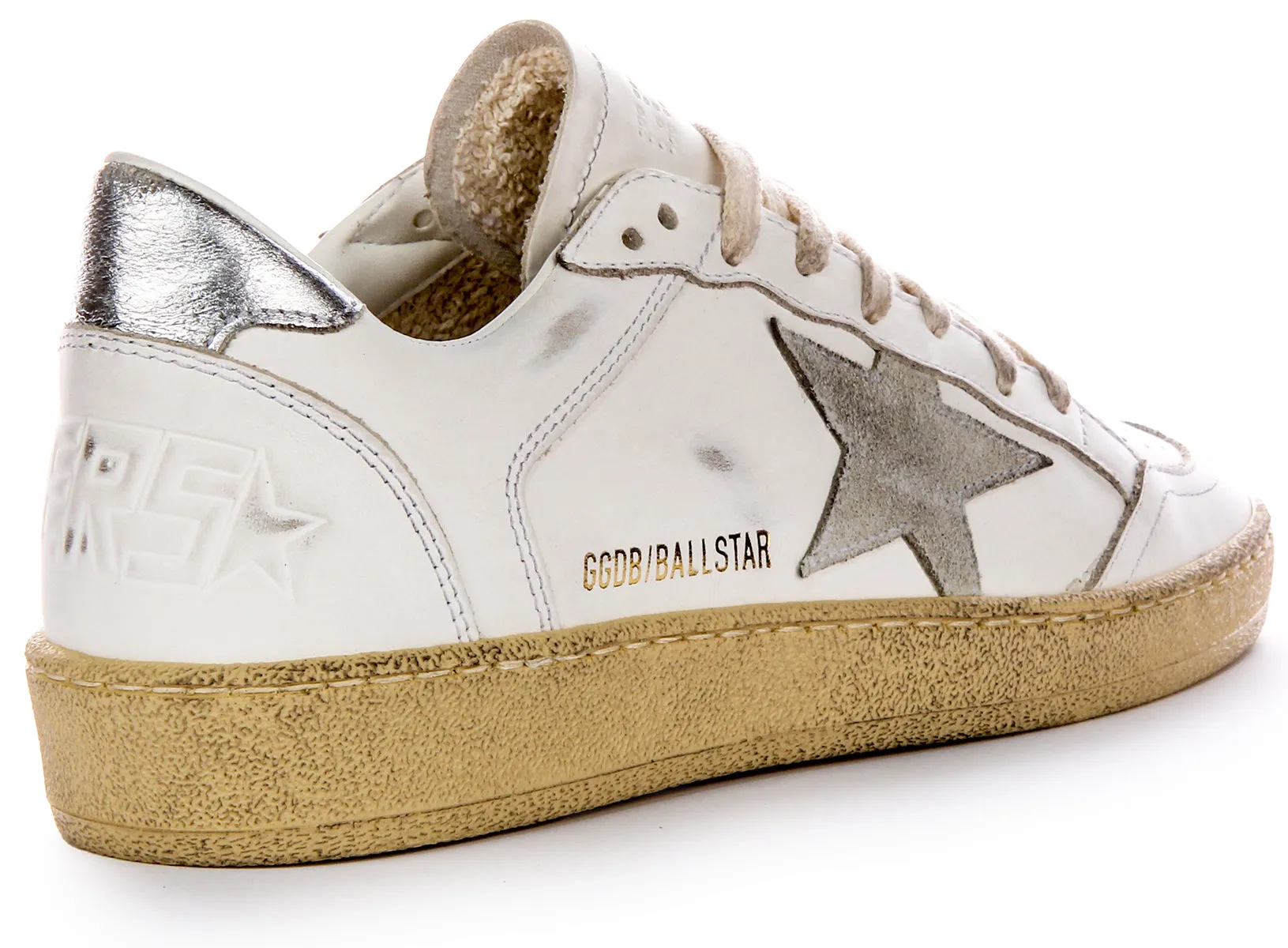 Golden Goose Ball Star Zapatillas de cuero para mujer con doble orificio de aire y tacón plateado en blanco y gris