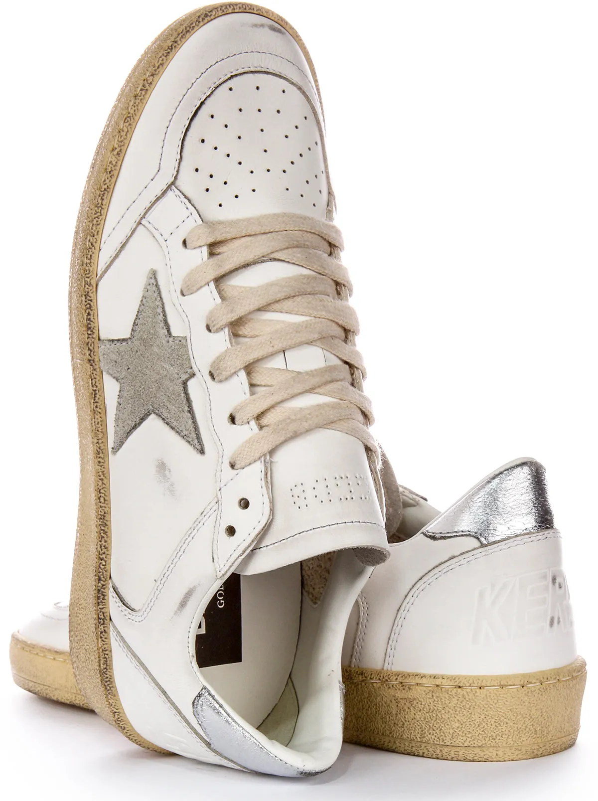 Golden Goose Ball Star Zapatillas de cuero para mujer con doble orificio de aire y tacón plateado en blanco y gris