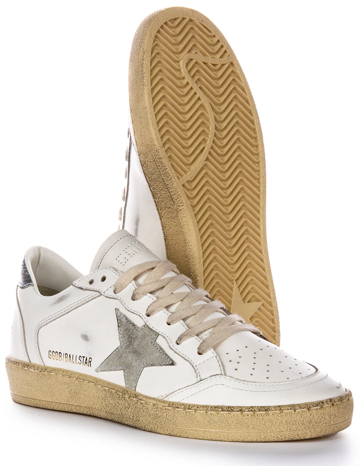 Golden Goose Ball Star Zapatillas de cuero para mujer con doble orificio de aire y tacón plateado en blanco y gris