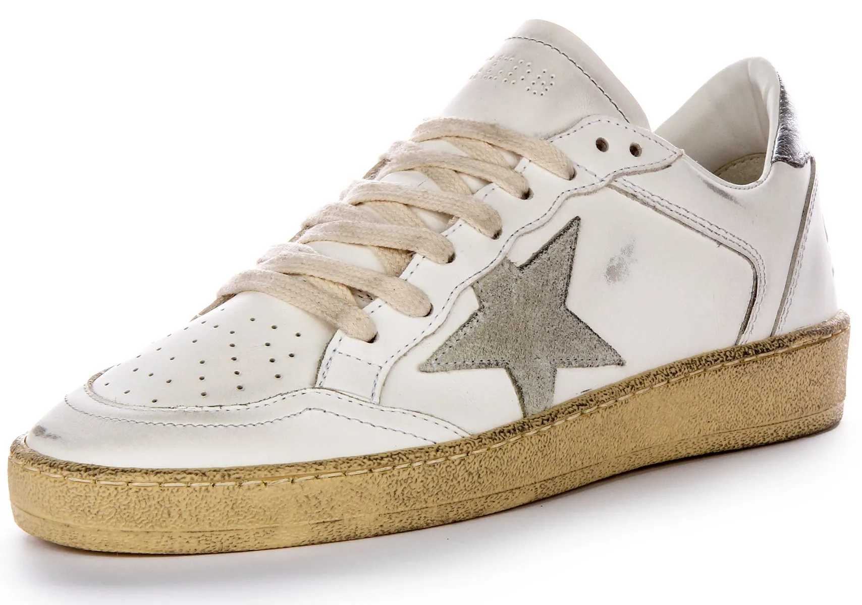 Golden Goose Ball Star Zapatillas de cuero para mujer con doble orificio de aire y tacón plateado en blanco y gris