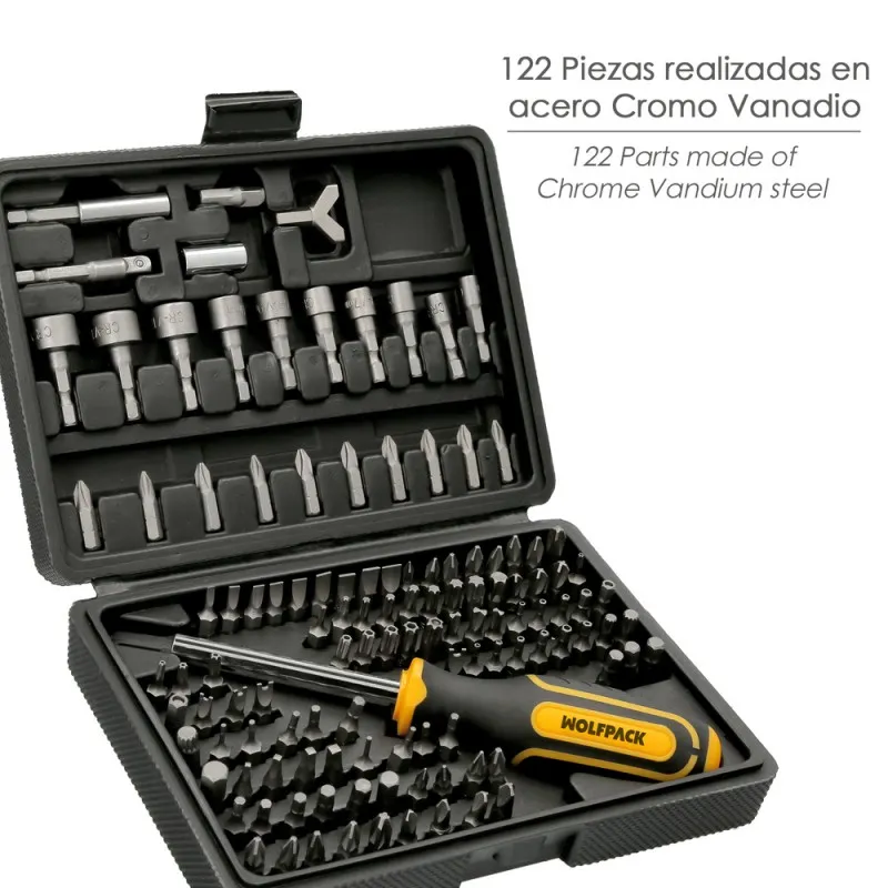 Juego Puntas con Destornillador 1/4" 122 Pzs. Con Apadtador. Cromo Vanadio, Kit Llave Combinada, Kit Carraca,