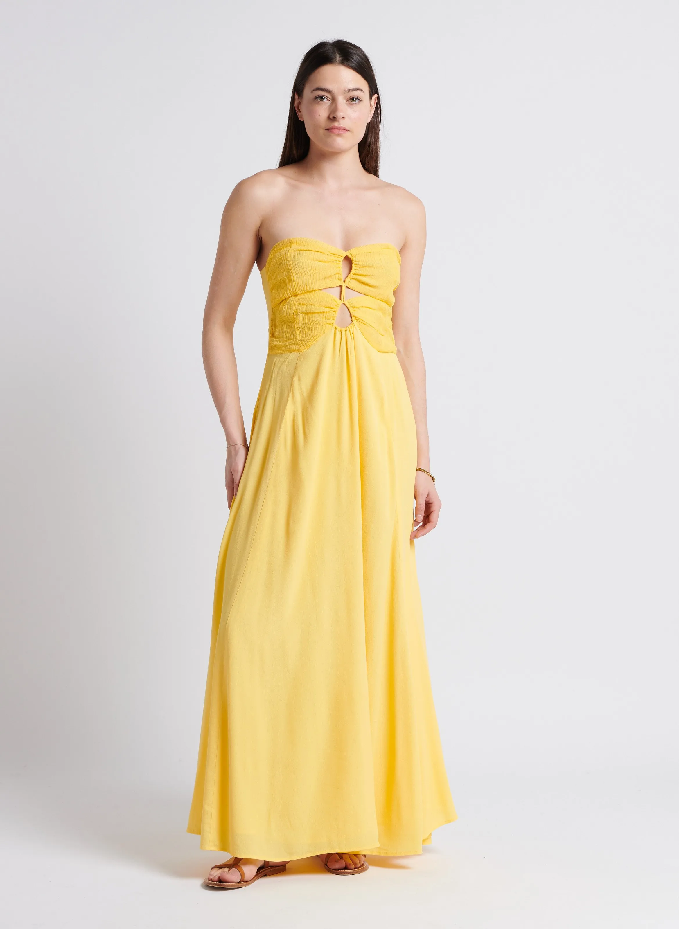 KARMA KOMA LIPS  VESTIDO LARGO ESTILO BUSTIER DE LINO Y MEZCLA DE SEDA EN AMARILLO