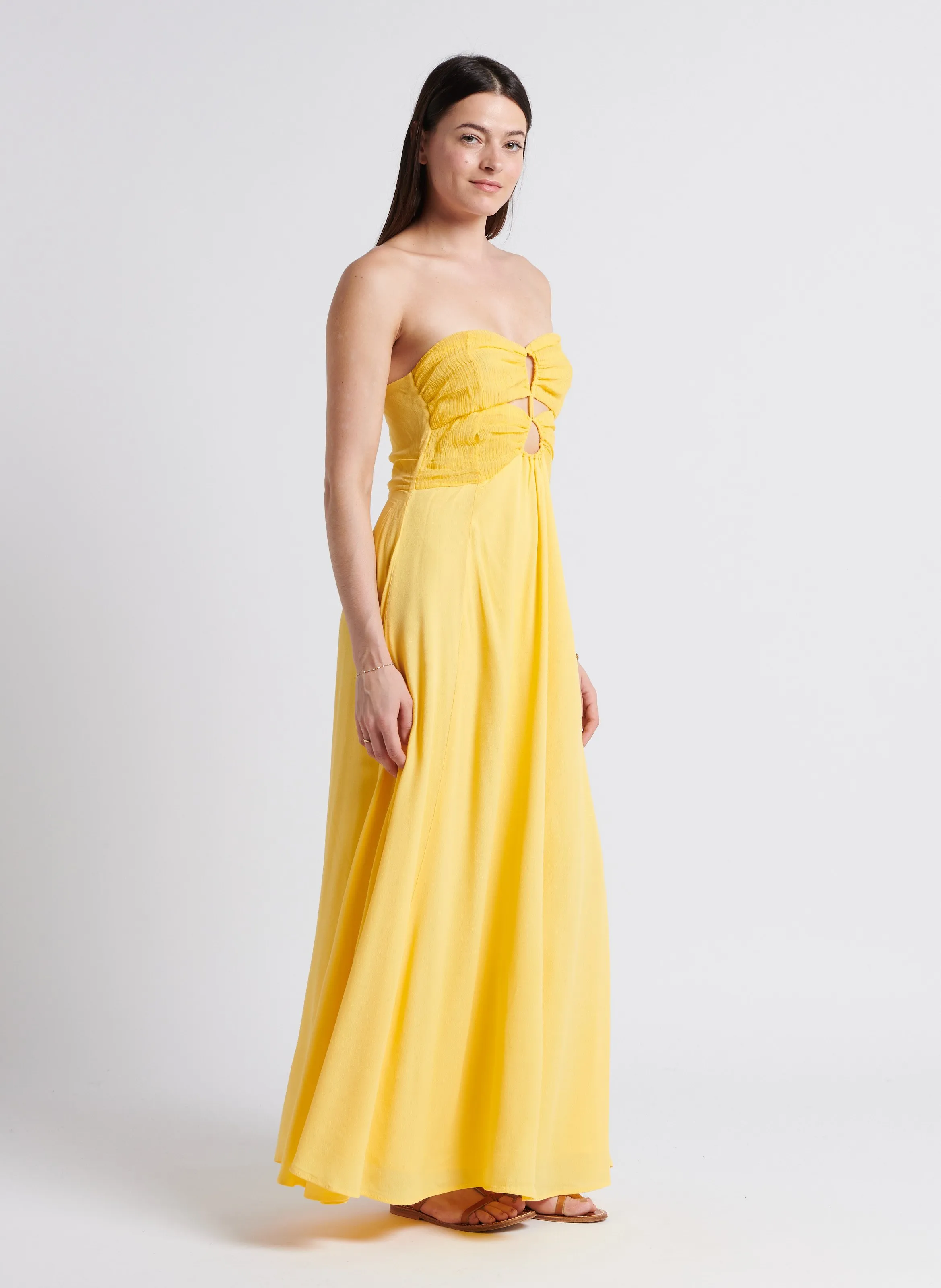 KARMA KOMA LIPS  VESTIDO LARGO ESTILO BUSTIER DE LINO Y MEZCLA DE SEDA EN AMARILLO