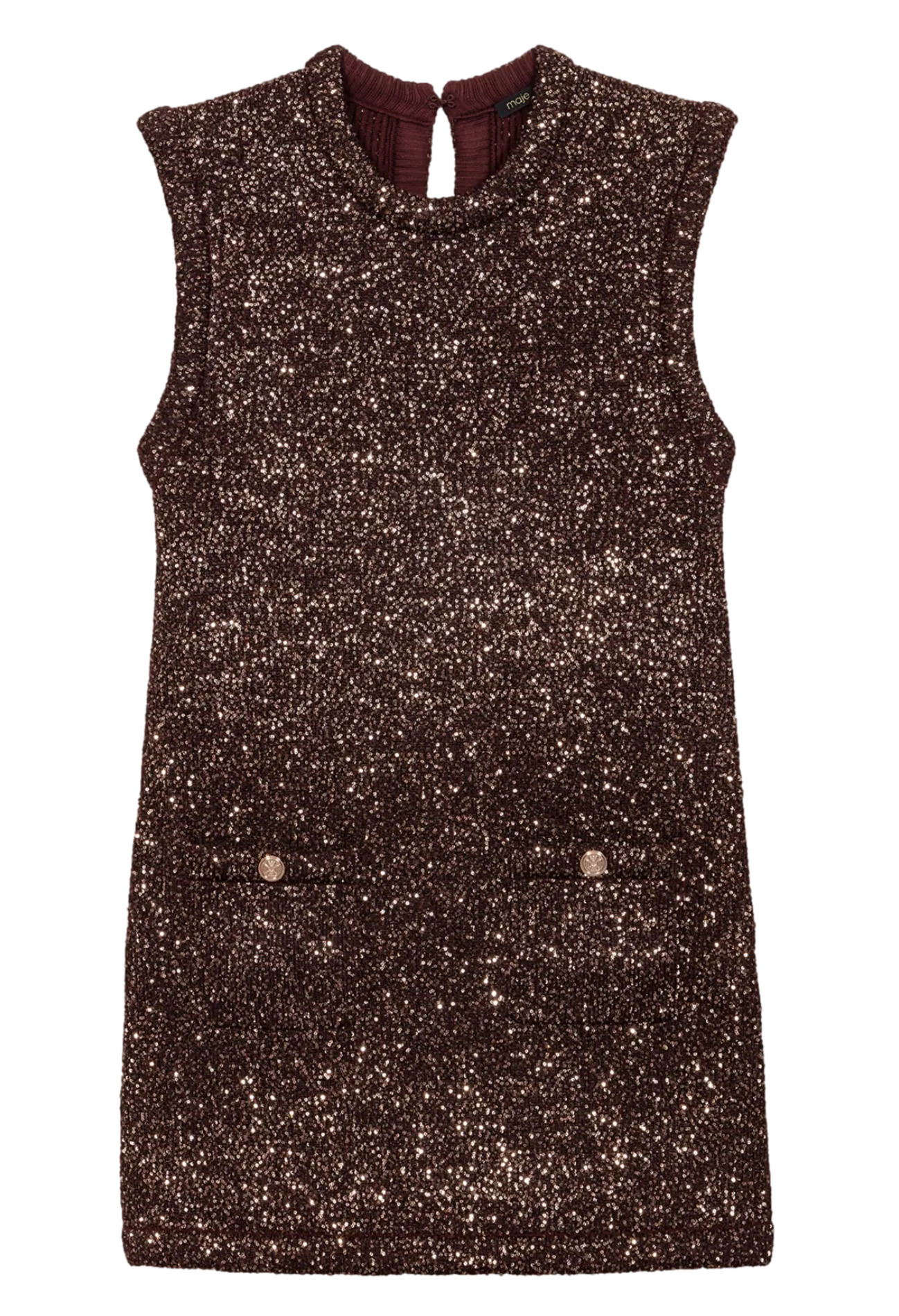MAJE Vestido corto con cuello redondo y lentejuelas en marron