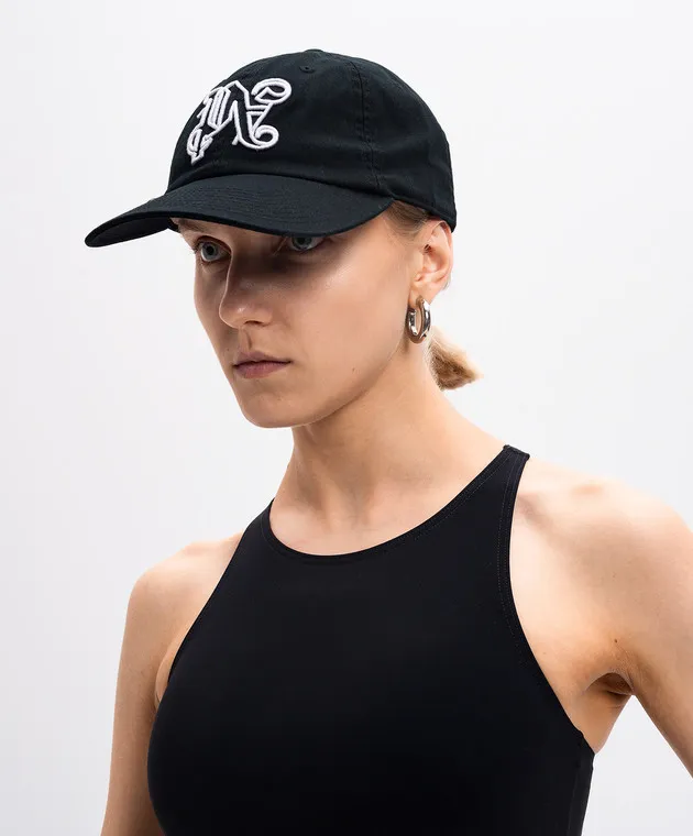Palm Angels Black cap with monogram logo embroidery