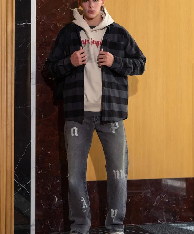 Palm Angels Gray checkered shirt with logo print