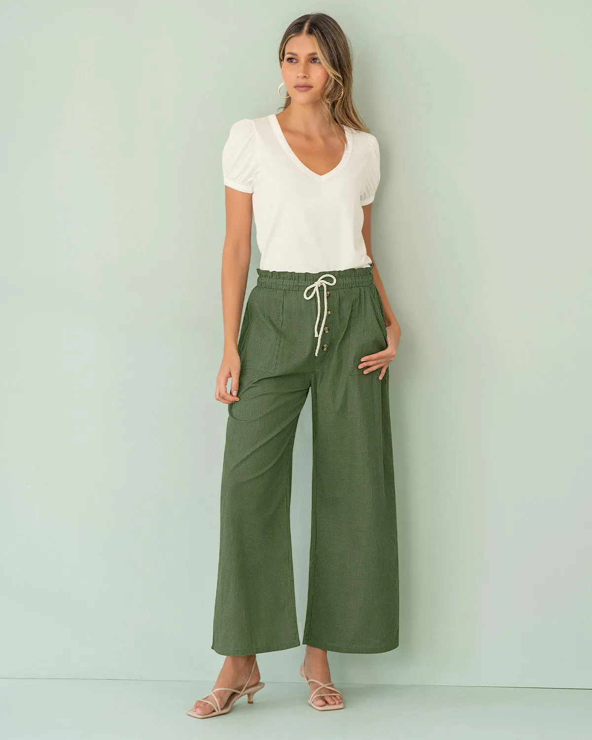 Pantalón largo tiro alto con tira para anudar
