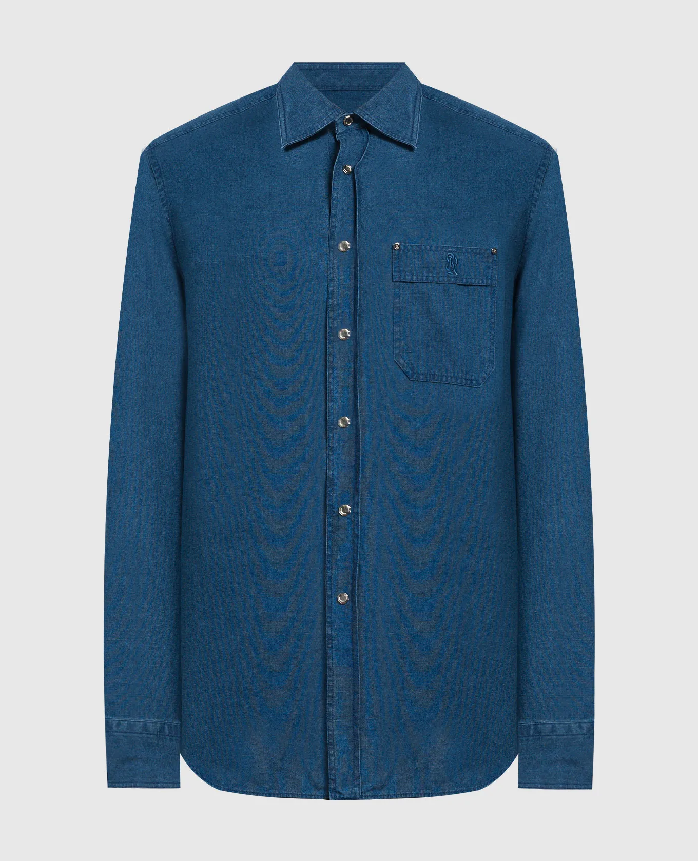 Stefano Ricci Blue linen shirt with logo monogram embroidery