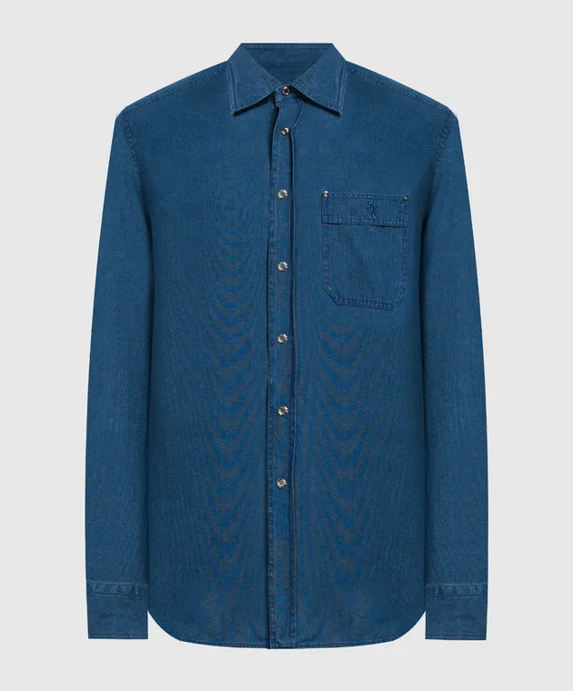 Stefano Ricci Blue linen shirt with logo monogram embroidery