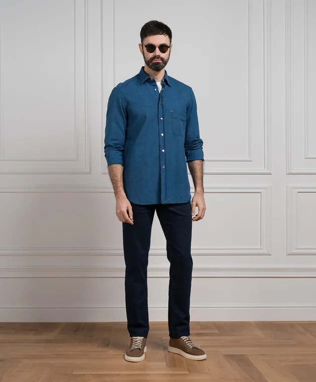 Stefano Ricci Blue linen shirt with logo monogram embroidery