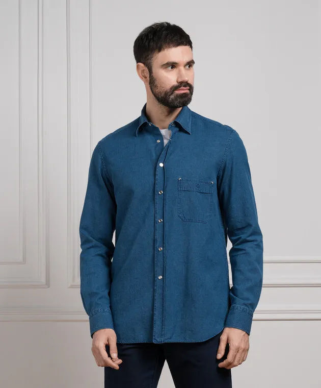 Stefano Ricci Blue linen shirt with logo monogram embroidery