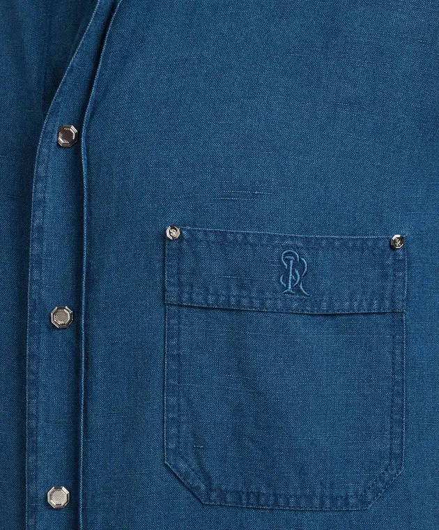 Stefano Ricci Blue linen shirt with logo monogram embroidery