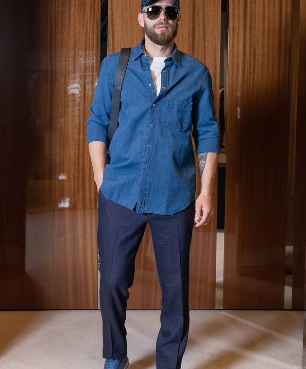Stefano Ricci Blue linen shirt with logo monogram embroidery