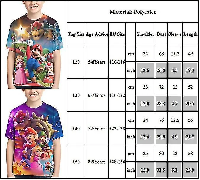 Super Marios Camiseta de la película Niños Niños Niñas Marios Impresión 3D Tops Verano Crew Camisas de cuello Manga corta Camise