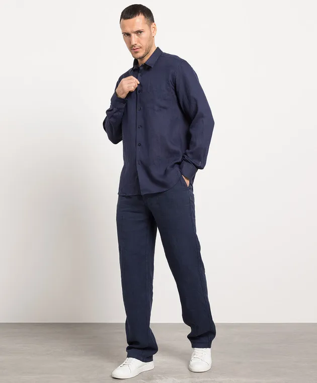 Vilebrequin Caroubis blue linen shirt with logo embroidery