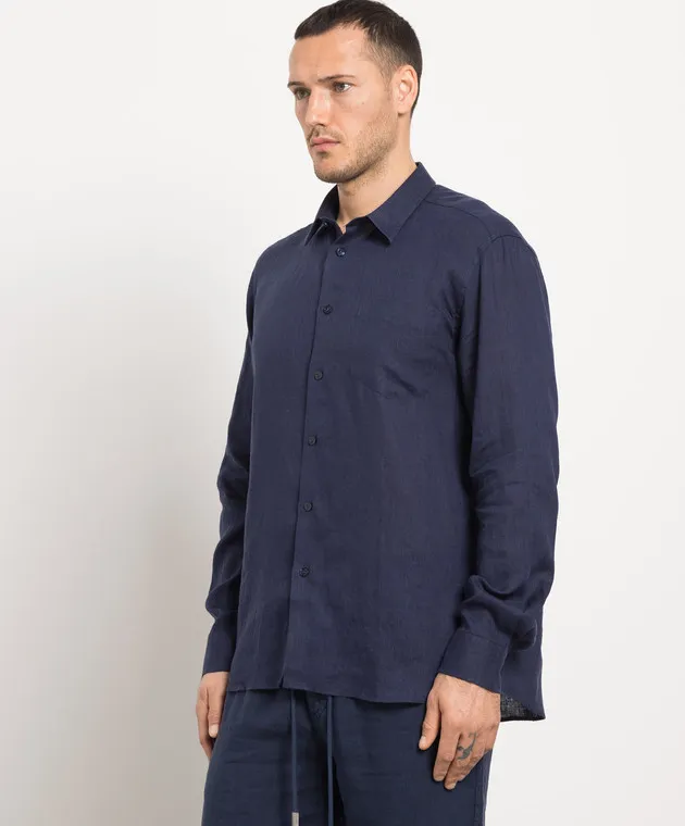 Vilebrequin Caroubis blue linen shirt with logo embroidery
