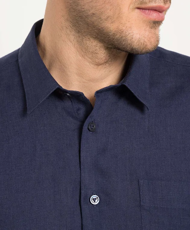 Vilebrequin Caroubis blue linen shirt with logo embroidery